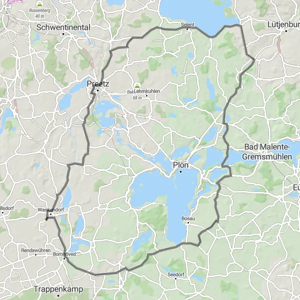 Karten-Miniaturansicht der Radinspiration "Rund um Wankendorf" in Schleswig-Holstein, Germany. Erstellt vom Tarmacs.app-Routenplaner für Radtouren
