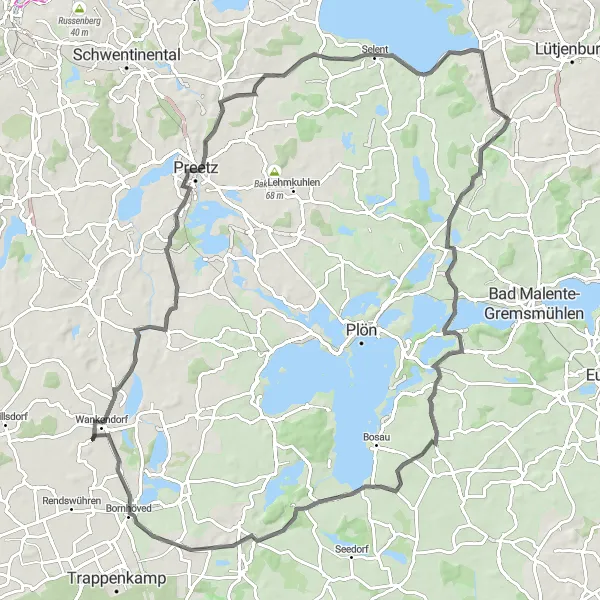 Map miniature of "Kühren & Ravensberg Circuit" cycling inspiration in Schleswig-Holstein, Germany. Generated by Tarmacs.app cycling route planner