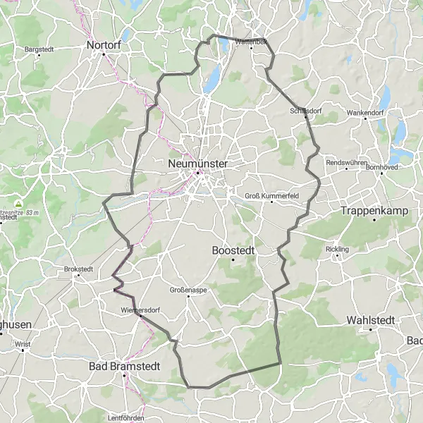 Map miniature of "Wattenbek to Negenharrie Loop" cycling inspiration in Schleswig-Holstein, Germany. Generated by Tarmacs.app cycling route planner