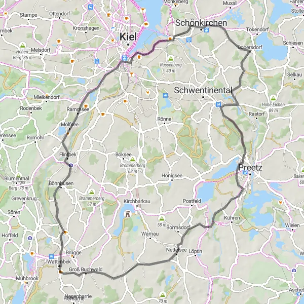 Map miniature of "The Flintbek Loop" cycling inspiration in Schleswig-Holstein, Germany. Generated by Tarmacs.app cycling route planner