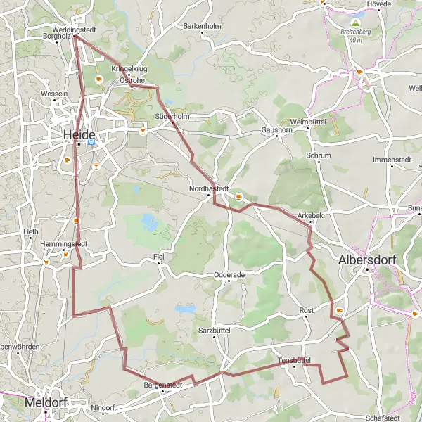 Map miniature of "Nordhastedt Gravel Adventure" cycling inspiration in Schleswig-Holstein, Germany. Generated by Tarmacs.app cycling route planner