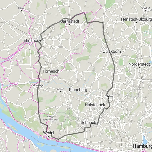 Map miniature of "Scenic Road Cycling Route near Wedel" cycling inspiration in Schleswig-Holstein, Germany. Generated by Tarmacs.app cycling route planner