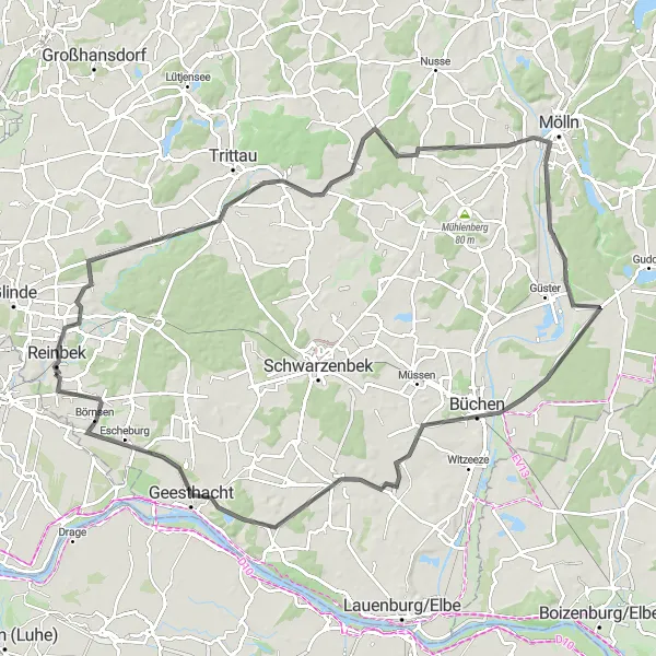 Map miniature of "Wentorf bei Hamburg to Geesthacht Road Route" cycling inspiration in Schleswig-Holstein, Germany. Generated by Tarmacs.app cycling route planner