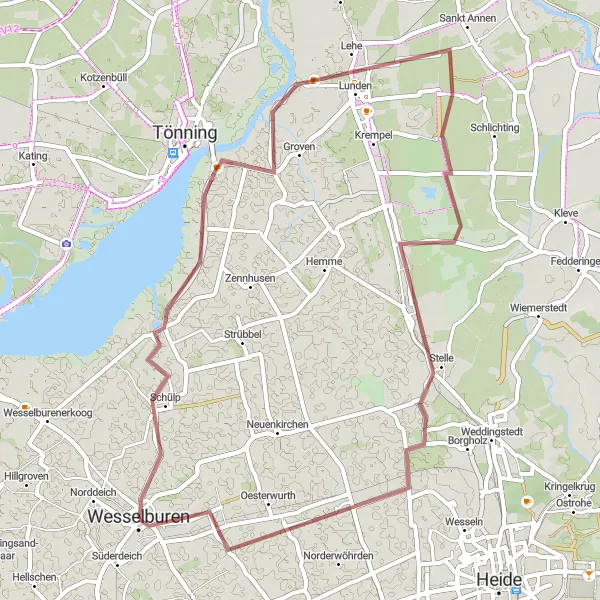 Karten-Miniaturansicht der Radinspiration "Schülp und Lunden Rundfahrt" in Schleswig-Holstein, Germany. Erstellt vom Tarmacs.app-Routenplaner für Radtouren