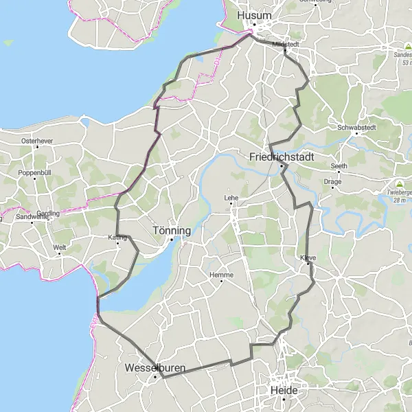 Map miniature of "The Koogs Loop" cycling inspiration in Schleswig-Holstein, Germany. Generated by Tarmacs.app cycling route planner