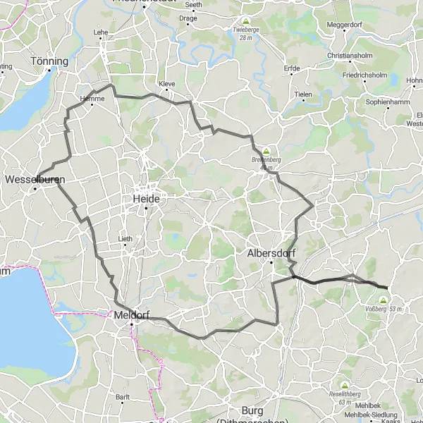Map miniature of "Karolinenkoog to Wöhrden Road Loop" cycling inspiration in Schleswig-Holstein, Germany. Generated by Tarmacs.app cycling route planner