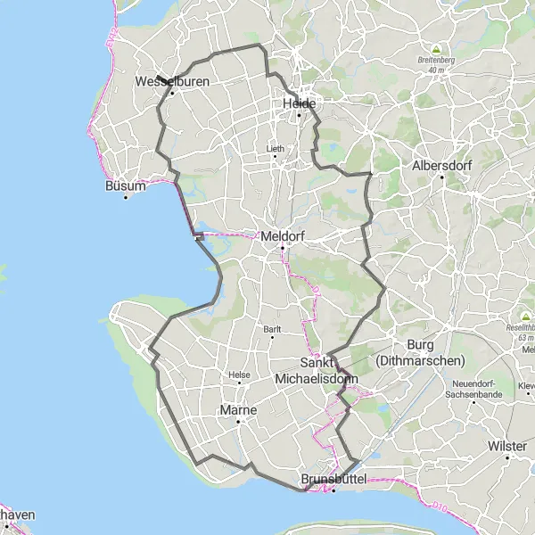 Map miniature of "Heide to Süderdeich Road Escape" cycling inspiration in Schleswig-Holstein, Germany. Generated by Tarmacs.app cycling route planner