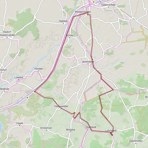 Map miniature of "Westerrönfeld Gravel Loop" cycling inspiration in Schleswig-Holstein, Germany. Generated by Tarmacs.app cycling route planner