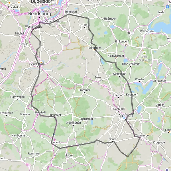 Map miniature of "Road to Jevenstedt" cycling inspiration in Schleswig-Holstein, Germany. Generated by Tarmacs.app cycling route planner