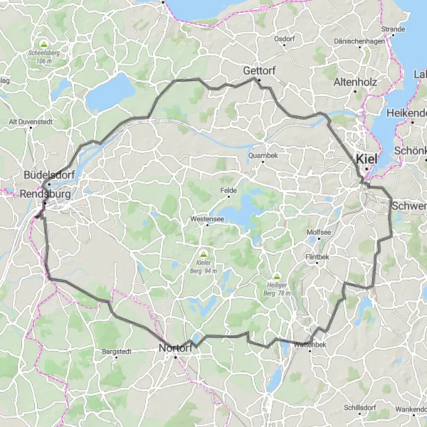 Map miniature of "Kiel to Nortorf Adventure" cycling inspiration in Schleswig-Holstein, Germany. Generated by Tarmacs.app cycling route planner