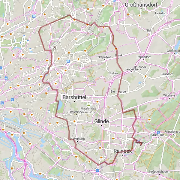 Karten-Miniaturansicht der Radinspiration "Abenteuerliches Reinbek" in Schleswig-Holstein, Germany. Erstellt vom Tarmacs.app-Routenplaner für Radtouren