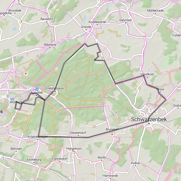 Map miniature of "Wohltorf to Kasseburg and Schwarzenbek" cycling inspiration in Schleswig-Holstein, Germany. Generated by Tarmacs.app cycling route planner