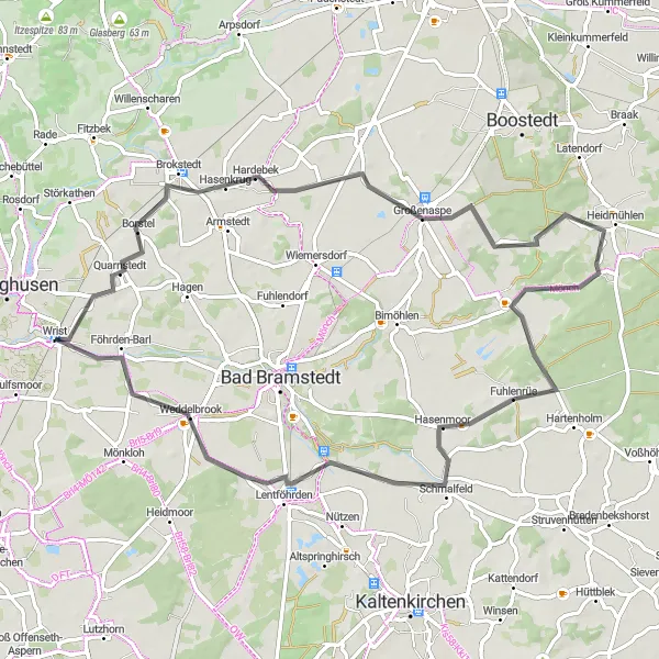 Karten-Miniaturansicht der Radinspiration "Feldmark und Natur pur" in Schleswig-Holstein, Germany. Erstellt vom Tarmacs.app-Routenplaner für Radtouren