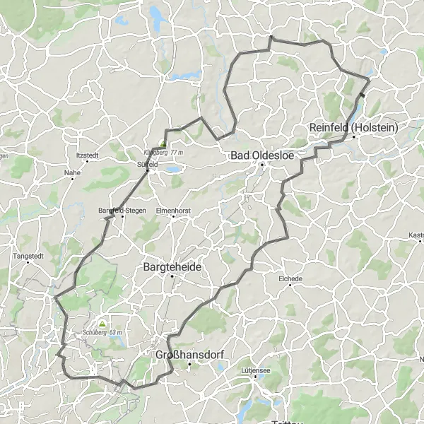 Map miniature of "Zarpen to Uferpromenade and Bargfeld-Stegen Road Route" cycling inspiration in Schleswig-Holstein, Germany. Generated by Tarmacs.app cycling route planner