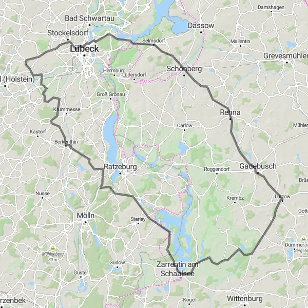 Map miniature of "Zarpen to Israelsdorf and Berkenthin Road Route" cycling inspiration in Schleswig-Holstein, Germany. Generated by Tarmacs.app cycling route planner