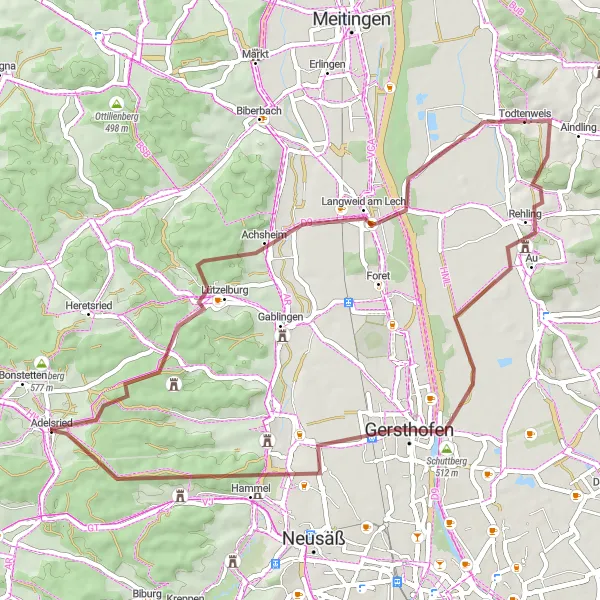 Map miniature of "Panoramic Gravel Ride" cycling inspiration in Schwaben, Germany. Generated by Tarmacs.app cycling route planner