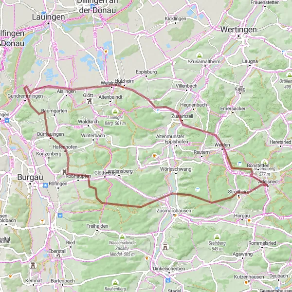 Map miniature of "Gravel Adventure in Schwaben" cycling inspiration in Schwaben, Germany. Generated by Tarmacs.app cycling route planner