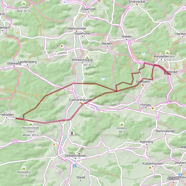 Map miniature of "Exploring Wollbach" cycling inspiration in Schwaben, Germany. Generated by Tarmacs.app cycling route planner