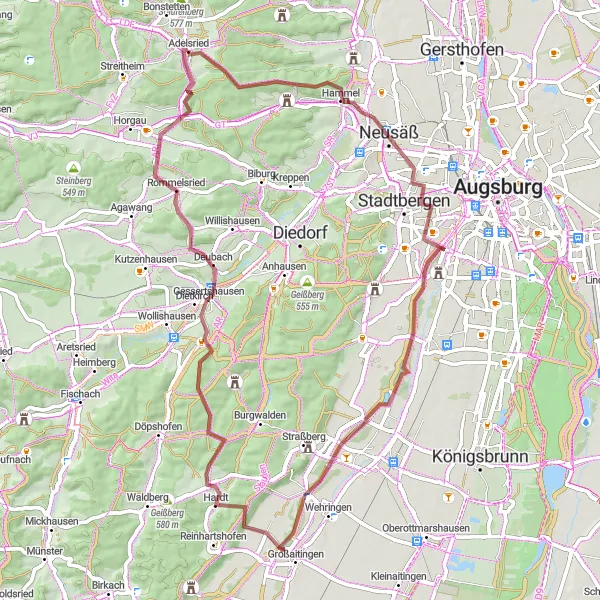 Karten-Miniaturansicht der Radinspiration "Graveltour durch Pfaffenberg - Stadtbergen - Großaitingen - Gessertshausen - Eichberg - Horgau Bahnhof" in Schwaben, Germany. Erstellt vom Tarmacs.app-Routenplaner für Radtouren