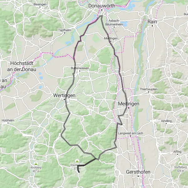 Karten-Miniaturansicht der Radinspiration "Rundfahrt über Emersacker und Meitingen" in Schwaben, Germany. Erstellt vom Tarmacs.app-Routenplaner für Radtouren
