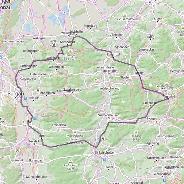 Map miniature of "Zusmarshausen Loop" cycling inspiration in Schwaben, Germany. Generated by Tarmacs.app cycling route planner