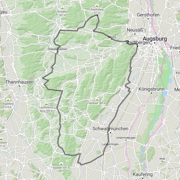 Map miniature of "Scenic Road Tour of Schwaben" cycling inspiration in Schwaben, Germany. Generated by Tarmacs.app cycling route planner