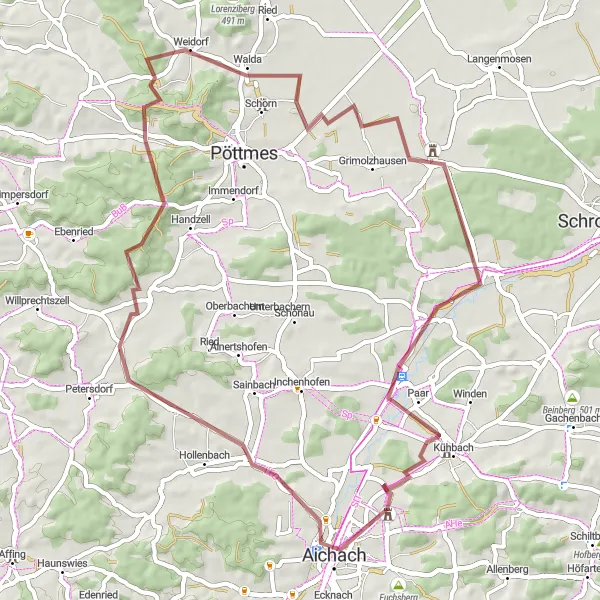 Map miniature of "Aichach and Sandizell Gravel Loop" cycling inspiration in Schwaben, Germany. Generated by Tarmacs.app cycling route planner