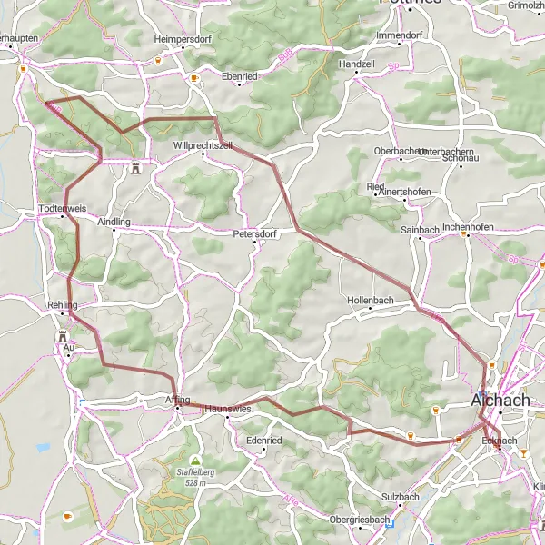 Map miniature of "Adventure through Affing, Rehling, Willprechtszell, and Aichach" cycling inspiration in Schwaben, Germany. Generated by Tarmacs.app cycling route planner