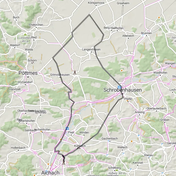 Map miniature of "Großhausen Loop" cycling inspiration in Schwaben, Germany. Generated by Tarmacs.app cycling route planner