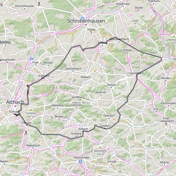 Karten-Miniaturansicht der Radinspiration "Fuchsberg und Klingen Rundtour" in Schwaben, Germany. Erstellt vom Tarmacs.app-Routenplaner für Radtouren