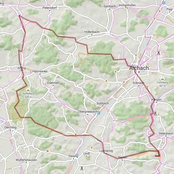 Map miniature of "Aichach Gravel Loop" cycling inspiration in Schwaben, Germany. Generated by Tarmacs.app cycling route planner