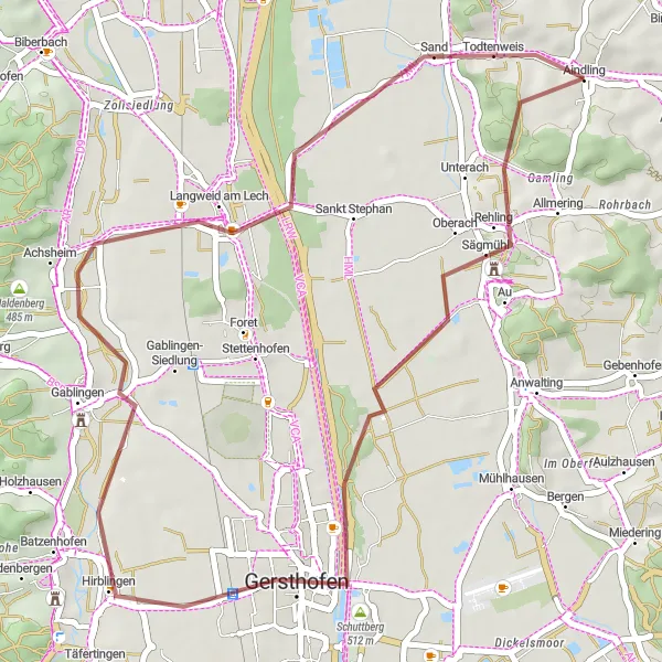 Map miniature of "Gravel Meadows" cycling inspiration in Schwaben, Germany. Generated by Tarmacs.app cycling route planner