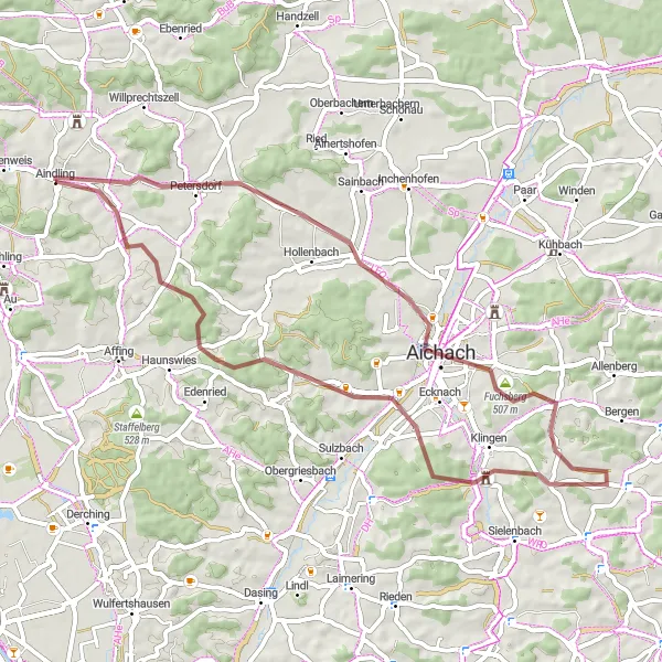 Map miniature of "Aichach Excursion" cycling inspiration in Schwaben, Germany. Generated by Tarmacs.app cycling route planner