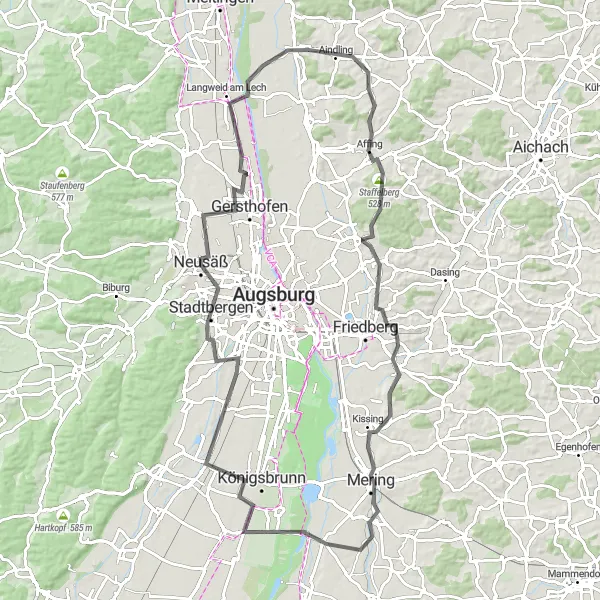 Map miniature of "Aindling to Langweid am Lech Adventure" cycling inspiration in Schwaben, Germany. Generated by Tarmacs.app cycling route planner