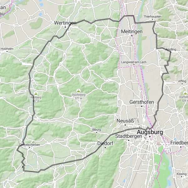 Map miniature of "Aindling Loop" cycling inspiration in Schwaben, Germany. Generated by Tarmacs.app cycling route planner