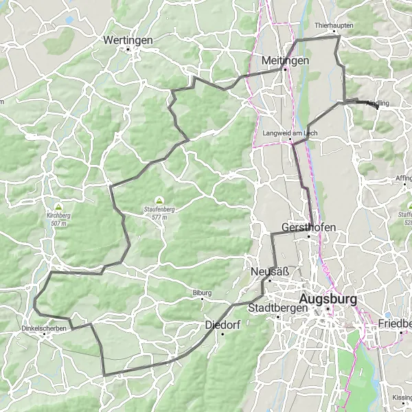 Map miniature of "Zusmarshausen Loop" cycling inspiration in Schwaben, Germany. Generated by Tarmacs.app cycling route planner