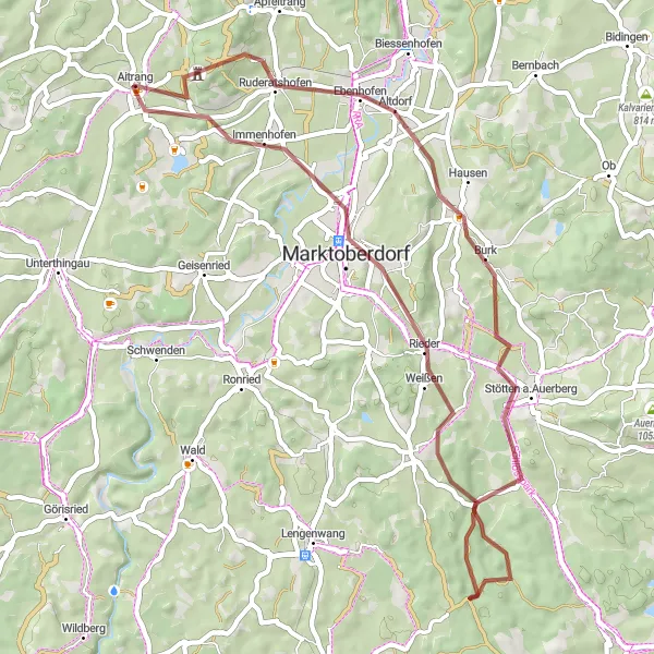 Map miniature of "Ruderatshofen Loop" cycling inspiration in Schwaben, Germany. Generated by Tarmacs.app cycling route planner