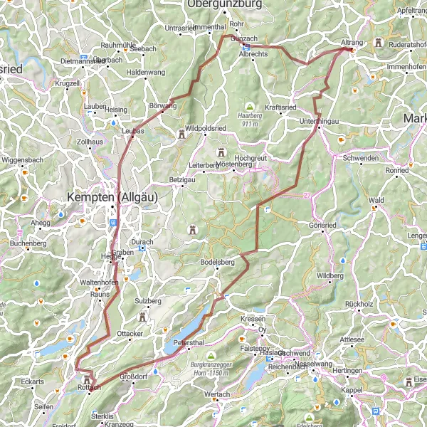 Map miniature of "Unterthingau Loop" cycling inspiration in Schwaben, Germany. Generated by Tarmacs.app cycling route planner