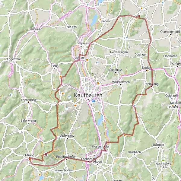 Karten-Miniaturansicht der Radinspiration "Rundweg Aitrang - Römerturm - Kleinkemnat - Pforzen - Stöttwang - Ramersberg - Biessenhofen - Ruderatshofen" in Schwaben, Germany. Erstellt vom Tarmacs.app-Routenplaner für Radtouren