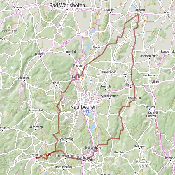Map miniature of "Rural Gravel Adventure" cycling inspiration in Schwaben, Germany. Generated by Tarmacs.app cycling route planner