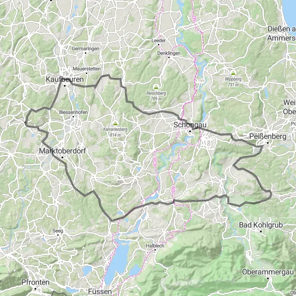 Map miniature of "Bavarian Road Expedition" cycling inspiration in Schwaben, Germany. Generated by Tarmacs.app cycling route planner