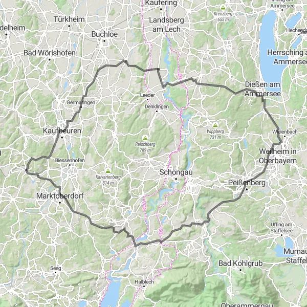 Map miniature of "Steingaden Loop" cycling inspiration in Schwaben, Germany. Generated by Tarmacs.app cycling route planner