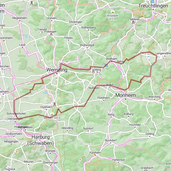 Map miniature of "The Gravel Flairs" cycling inspiration in Schwaben, Germany. Generated by Tarmacs.app cycling route planner