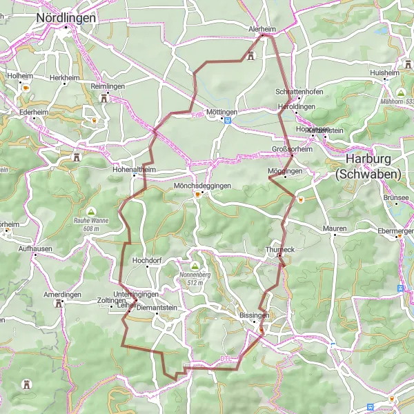 Map miniature of "Scenic Gravel Route through Schwaben Hills" cycling inspiration in Schwaben, Germany. Generated by Tarmacs.app cycling route planner