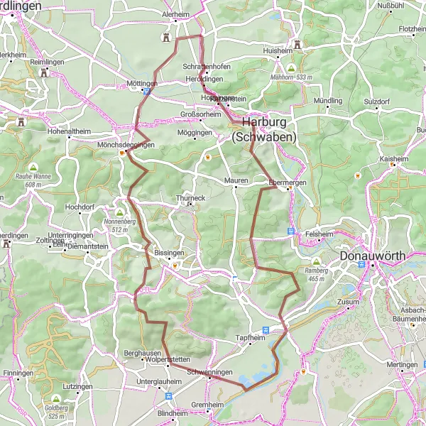 Map miniature of "Challenging Gravel Loop Around Alerheim" cycling inspiration in Schwaben, Germany. Generated by Tarmacs.app cycling route planner