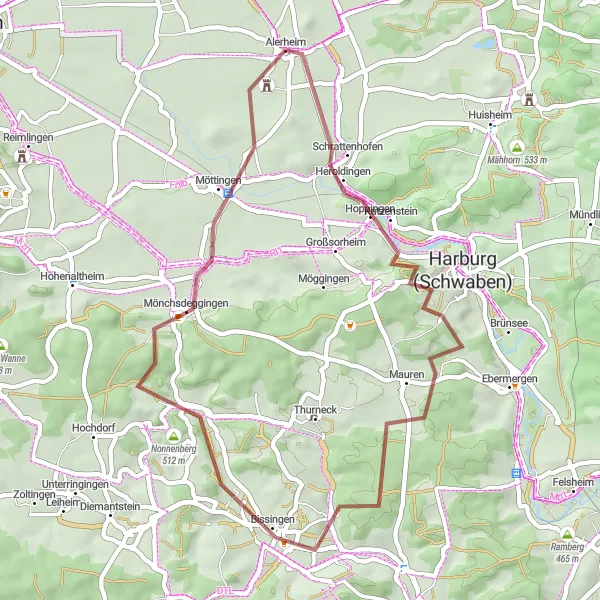 Map miniature of "Alerheim Gravel Adventure" cycling inspiration in Schwaben, Germany. Generated by Tarmacs.app cycling route planner