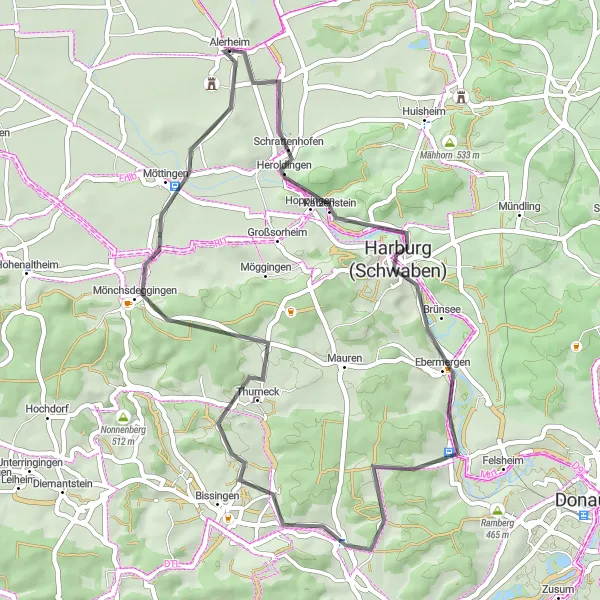 Map miniature of "Alerheim Road Adventure" cycling inspiration in Schwaben, Germany. Generated by Tarmacs.app cycling route planner