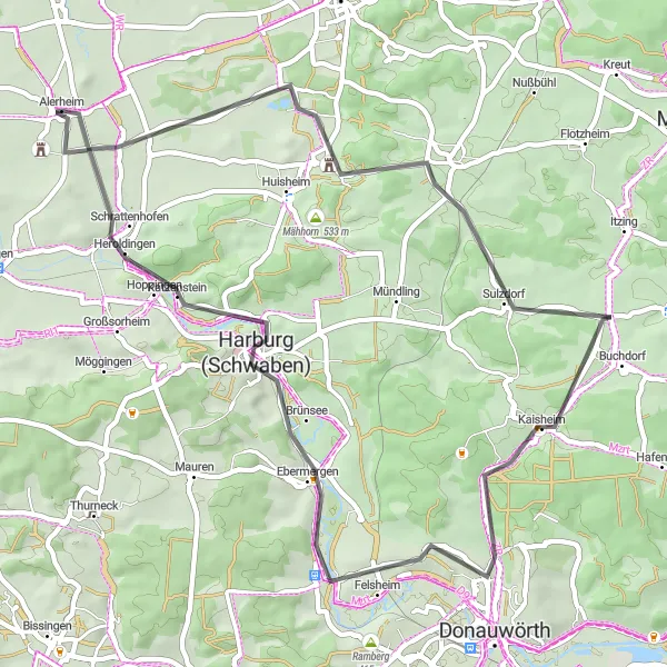 Map miniature of "Picturesque Road Tour in Schwaben" cycling inspiration in Schwaben, Germany. Generated by Tarmacs.app cycling route planner