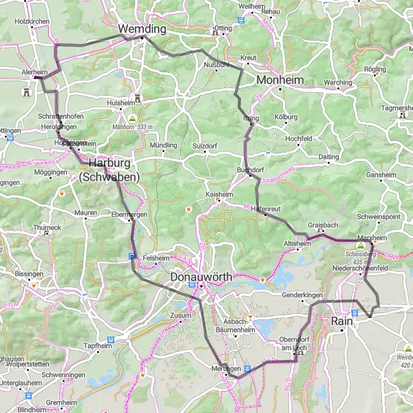 Map miniature of "The Lech Valley Tour" cycling inspiration in Schwaben, Germany. Generated by Tarmacs.app cycling route planner