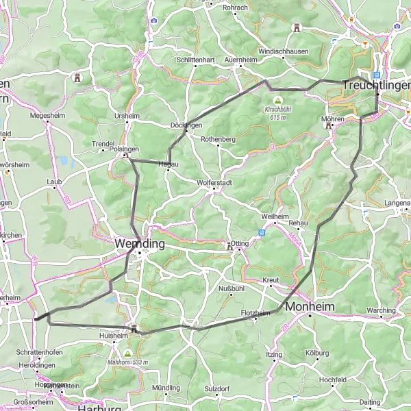 Map miniature of "The Ries Route" cycling inspiration in Schwaben, Germany. Generated by Tarmacs.app cycling route planner